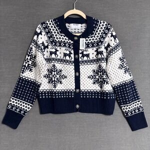 NEW Old Navy Cardigan S Blue White Fair Isle Cotton Reindeer Snowflake Holiday